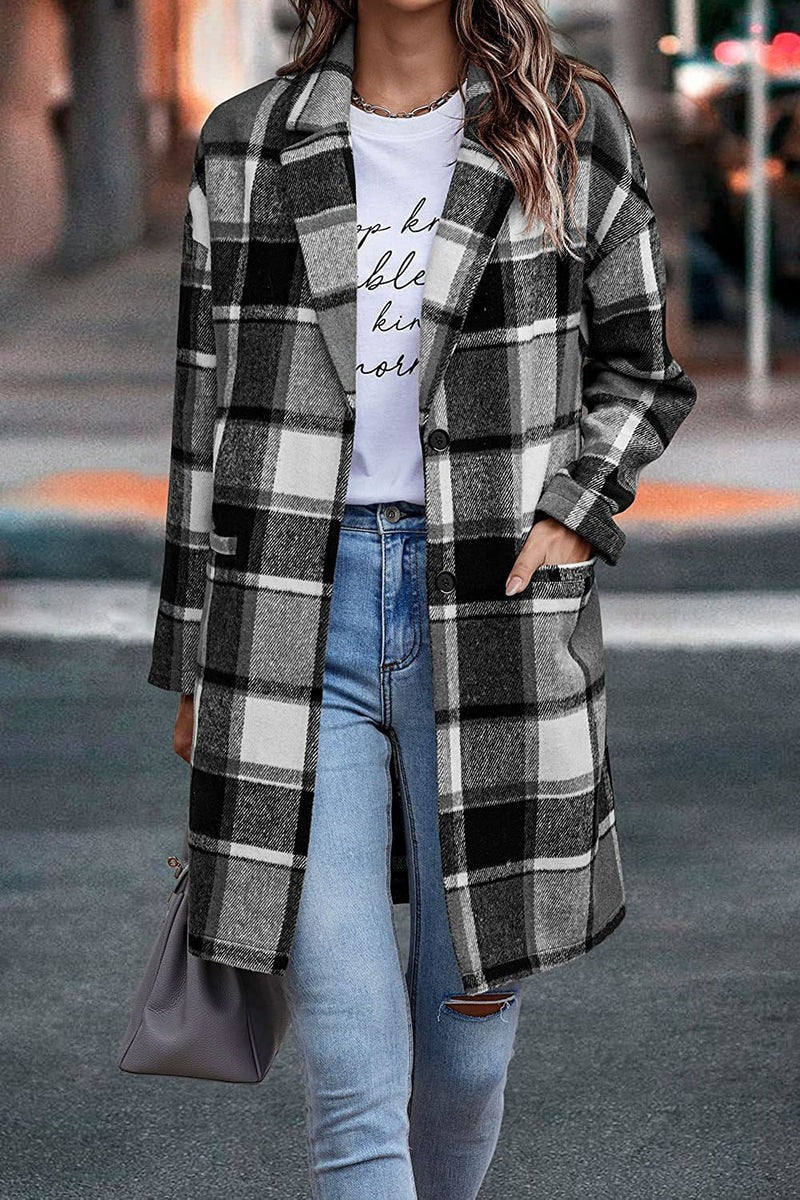 Street-wave Oversized Wool Coat For Women Plaid Pattern With Button Front And Pockets