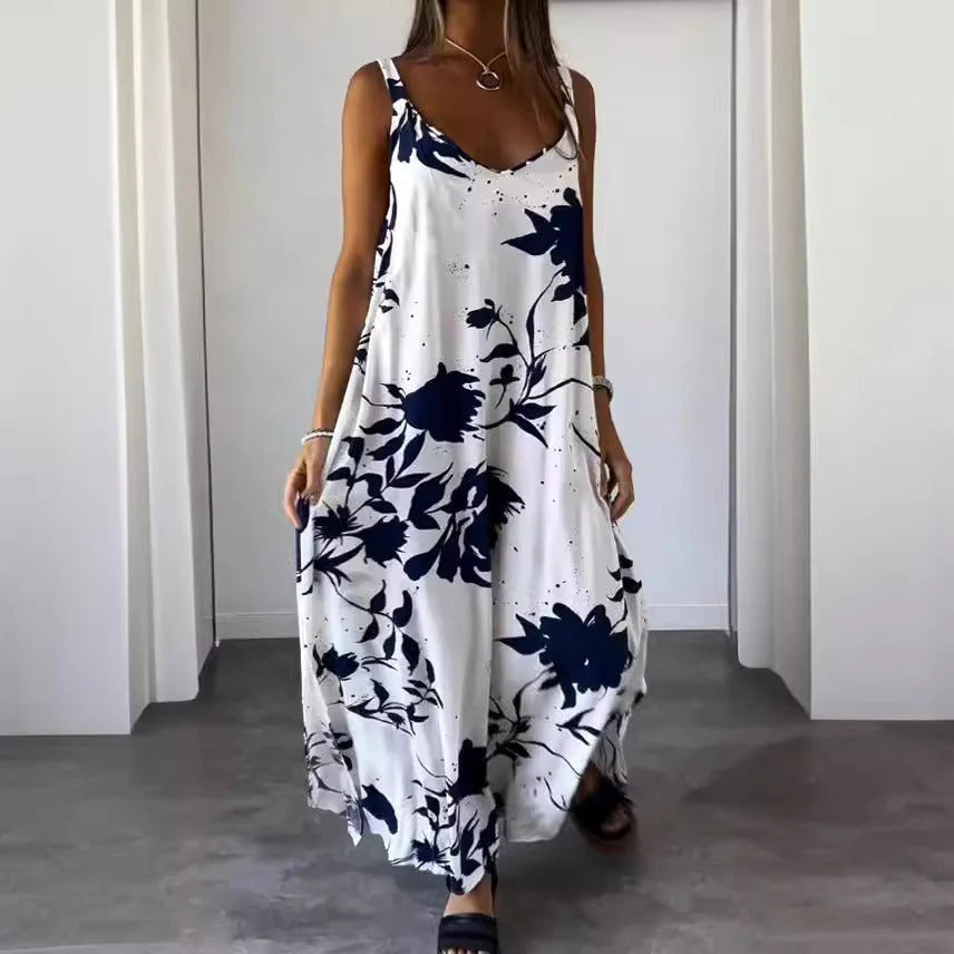 Street-Wave Floral Maxi Dress For Women Deep V-Neck Relaxed Fit