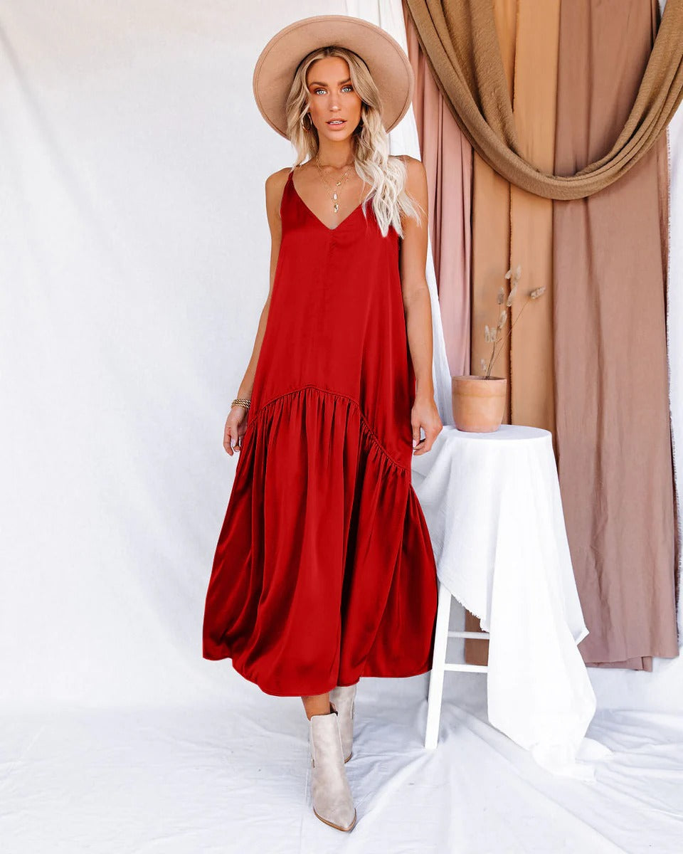 Street Wave Women Maxi Dress V Neck Flowing Fit With Ruffle