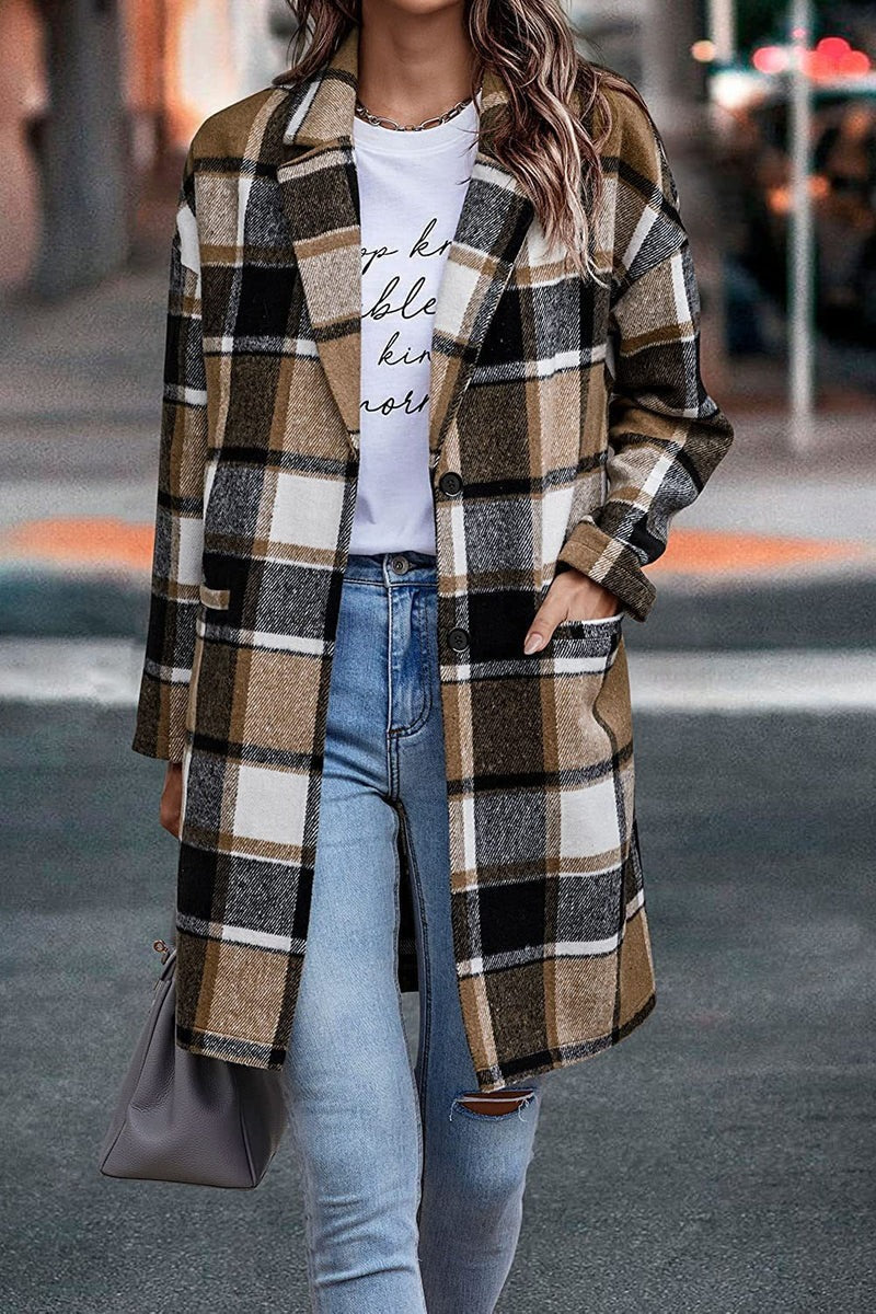Street-wave Oversized Wool Coat For Women Plaid Pattern With Button Front And Pockets
