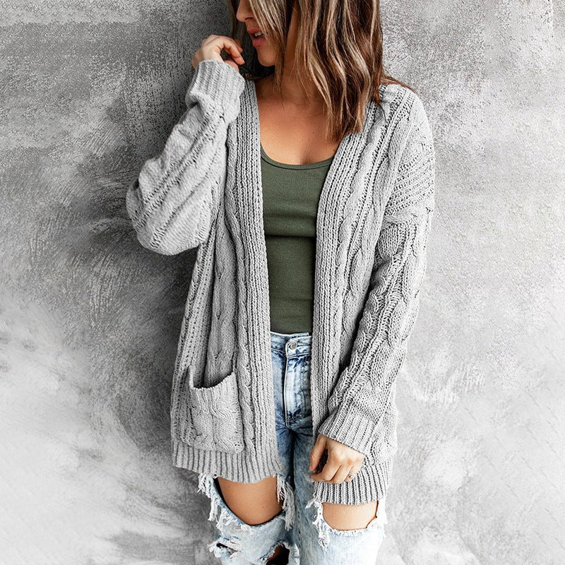 Street-wave Wool Blend Cardigan For Women With Pockets Cozy Open Front Knit Jacket