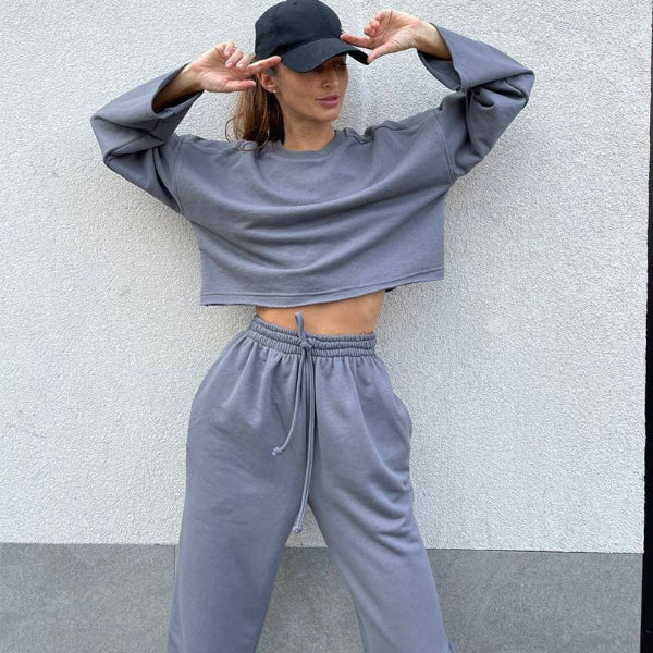 Street Wave Womens Two Piece Athleisure Set Relaxed Cropped Top Drawstring Pants