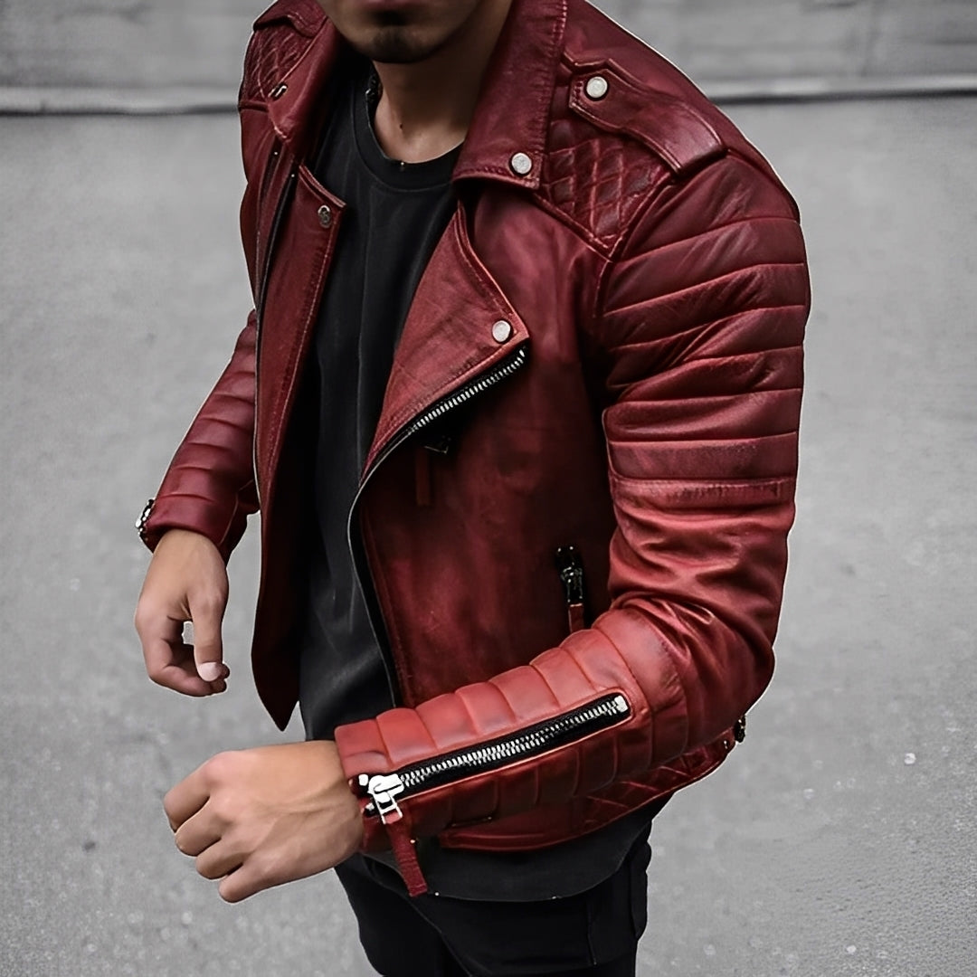 Street Wave Retro Leather Jacket For Men Durable Biker Style With Quilted Shoulders And Zipper Details
