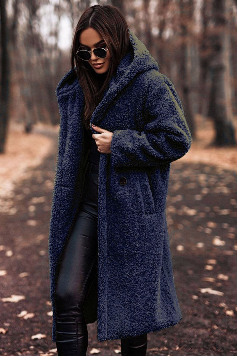 Street-Wave Women's Oversized Wool Coat With Hood And Button Front Full-Length Cozy Warmth