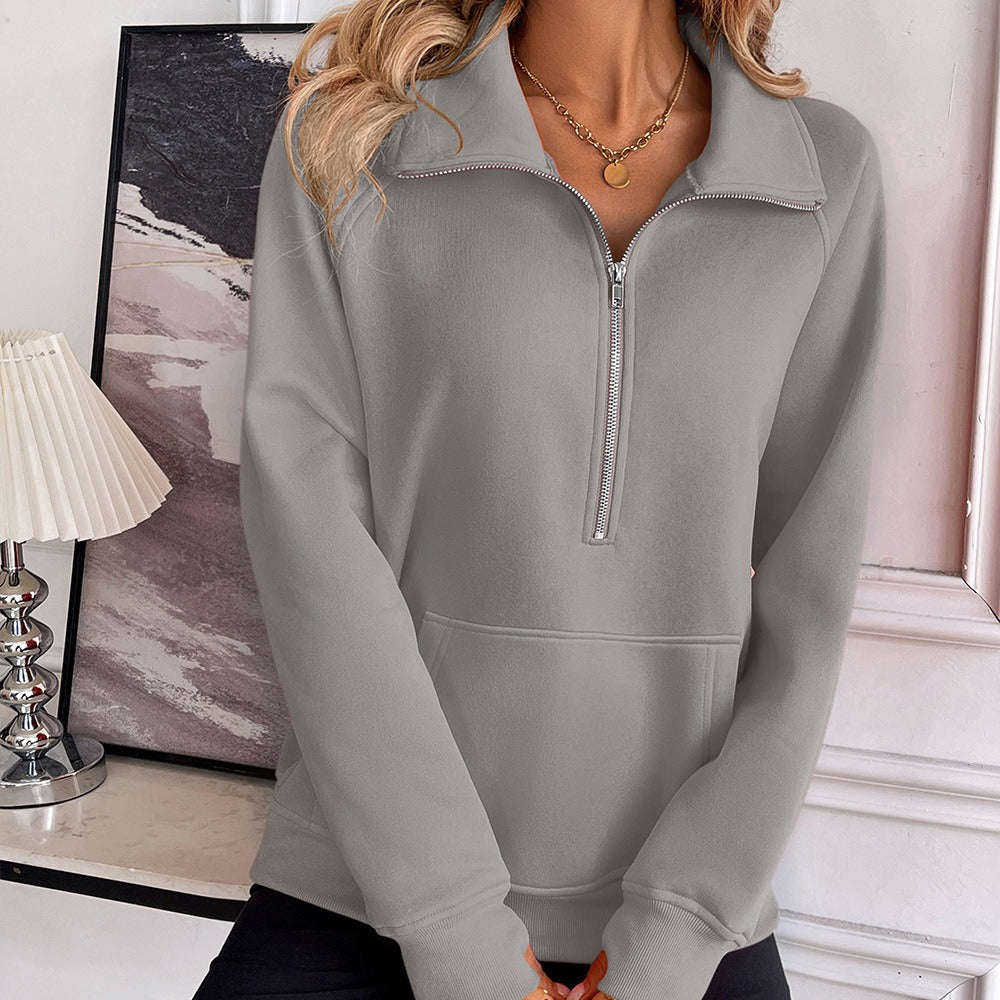 Street-wave Kangaroo Pocket Sweatshirt For Women With Half Zip High Collar Premium Cozy Everyday Comfort