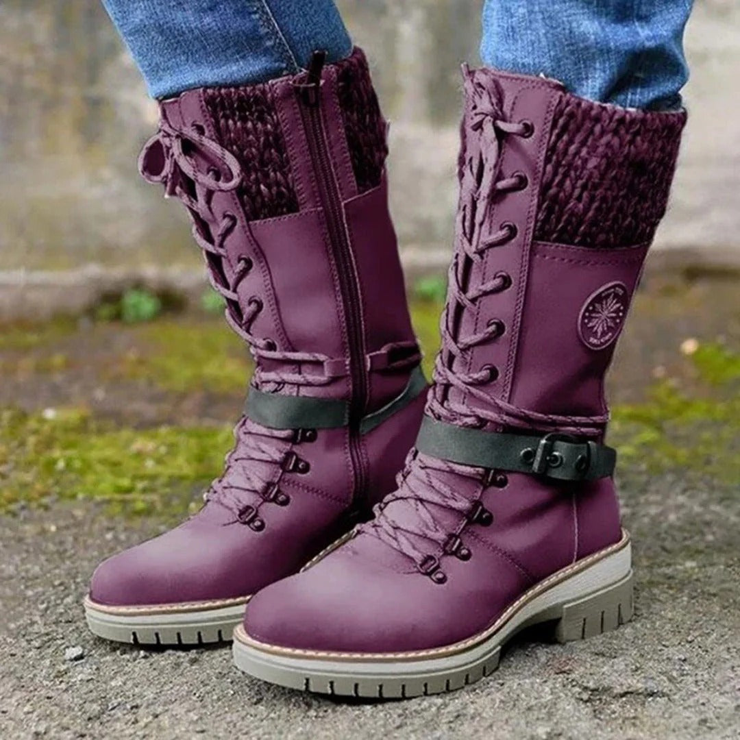 Women's Knee-High Boots with Lace-Up Design and Sturdy Sole