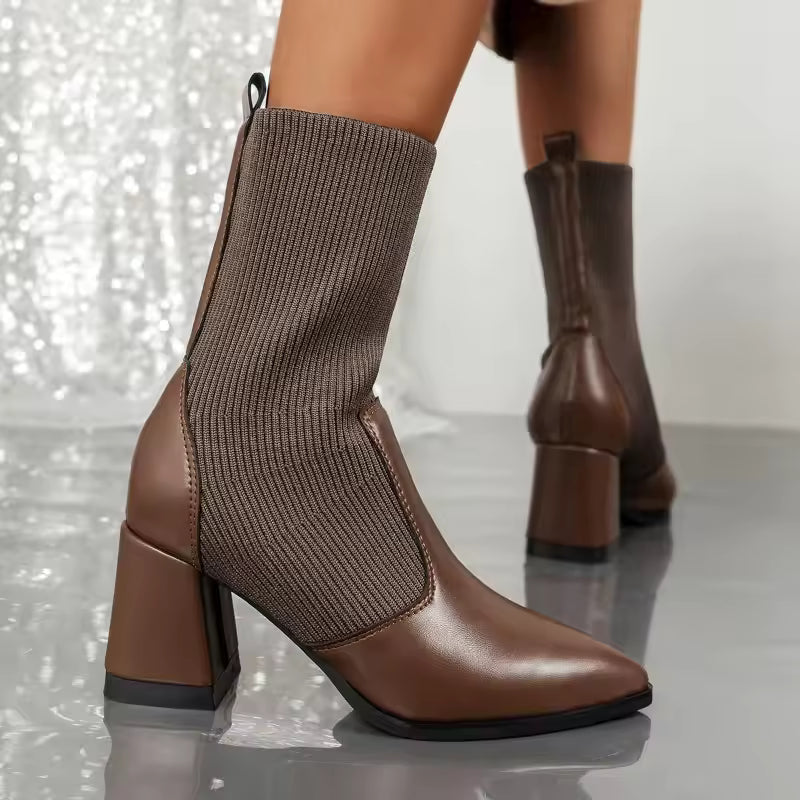 Street-wave Women's Sock-Upper Pointed Toe Ankle Boots With Block Heel For Elegant Fit