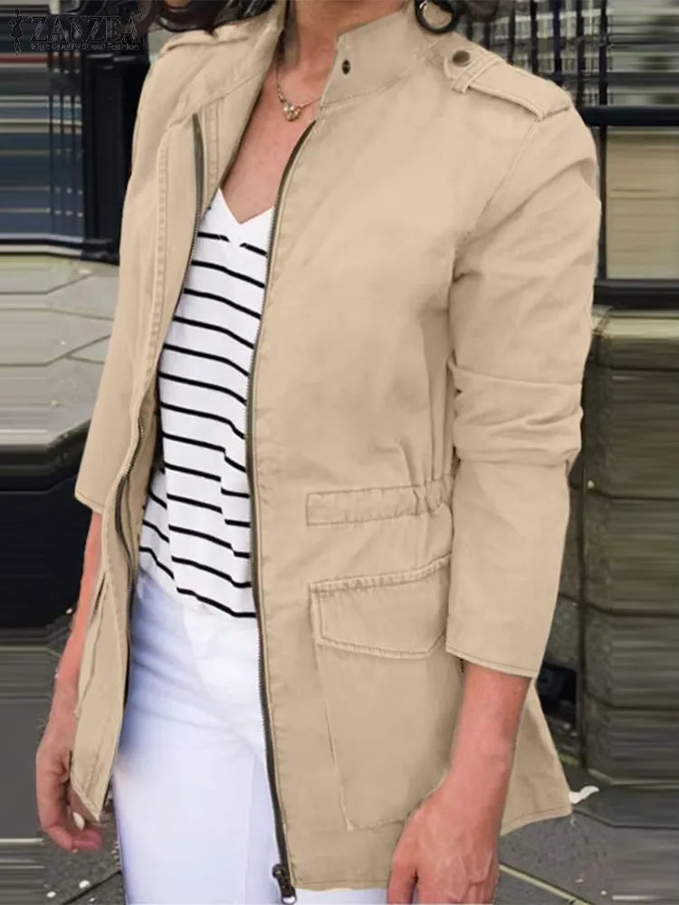 Street-wave Cargo Jacket for Women, Cotton Blend, Zip Front, Stand Collar, Flap Pockets, Relaxed Fit