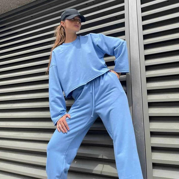 Street Wave Womens Two Piece Athleisure Set Relaxed Cropped Top Drawstring Pants