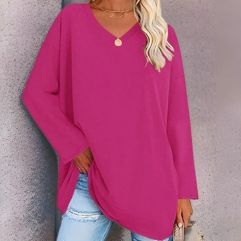 NordiskFlair Women's Oversized Cotton Feel V Neck Effortless Long Sleeve Shirt