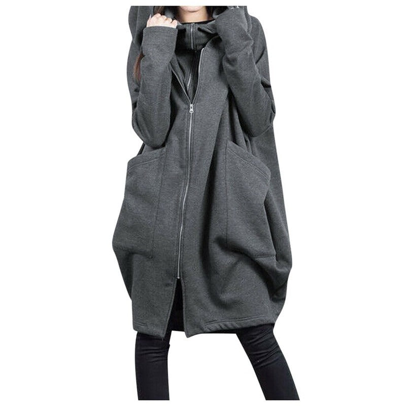 Street Wave Mid Length Coat With Hood And Zip Oversized Fit Soft Wool Look For Plus Size Women