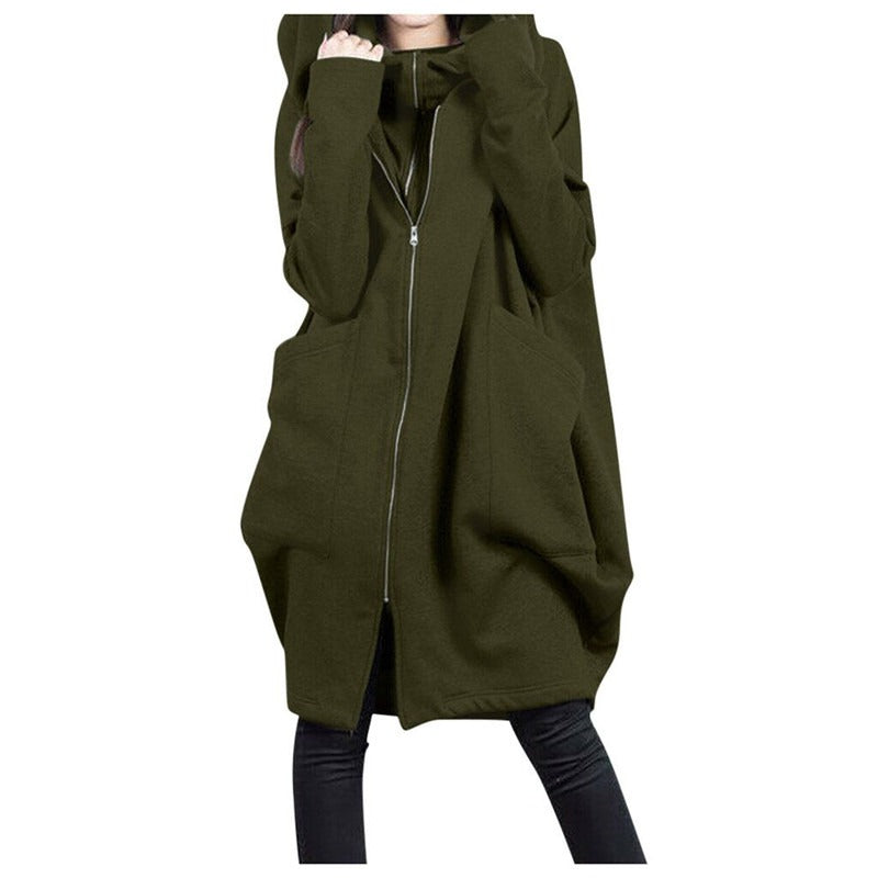 Street Wave Mid Length Coat With Hood And Zip Oversized Fit Soft Wool Look For Plus Size Women