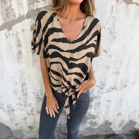 Street Wave Women's Blouse Relaxed Fit V Neck Tie Front Short Sleeve Casual