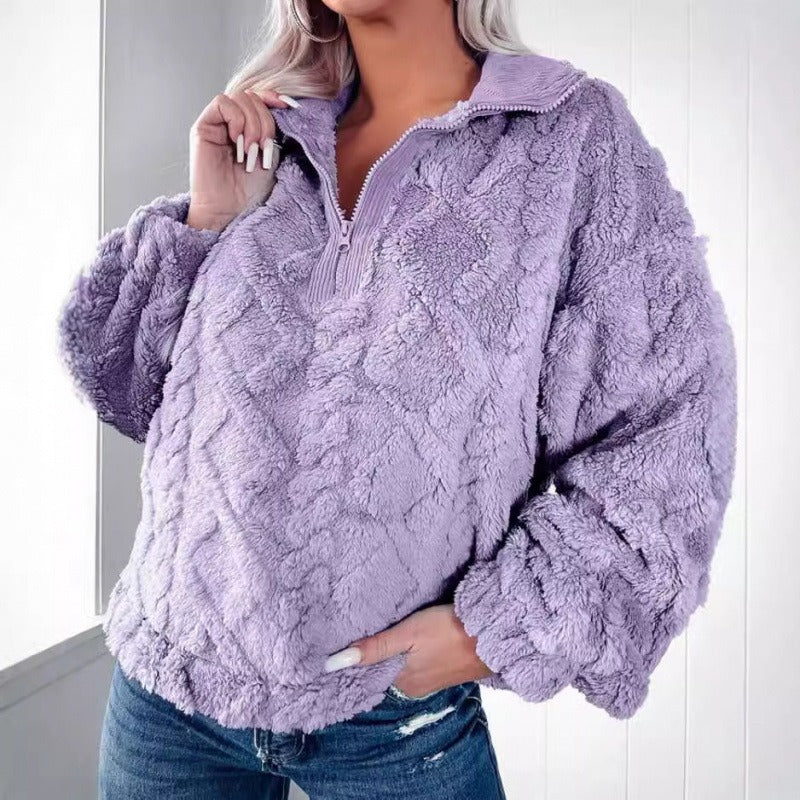 Street-Wave Oversized Plush Fleece Sweatshirt With Half Zip Stand Collar For Women Cozy Warmth