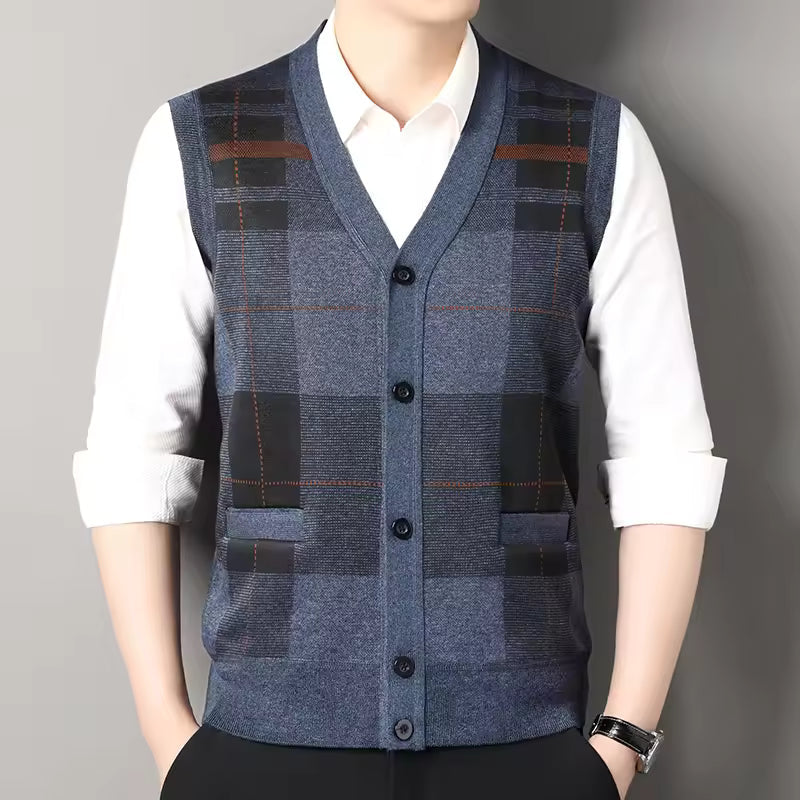 Street-Wave Mens Knitted Vest Slim Fit Wool Blend Checkered V Neck Layering