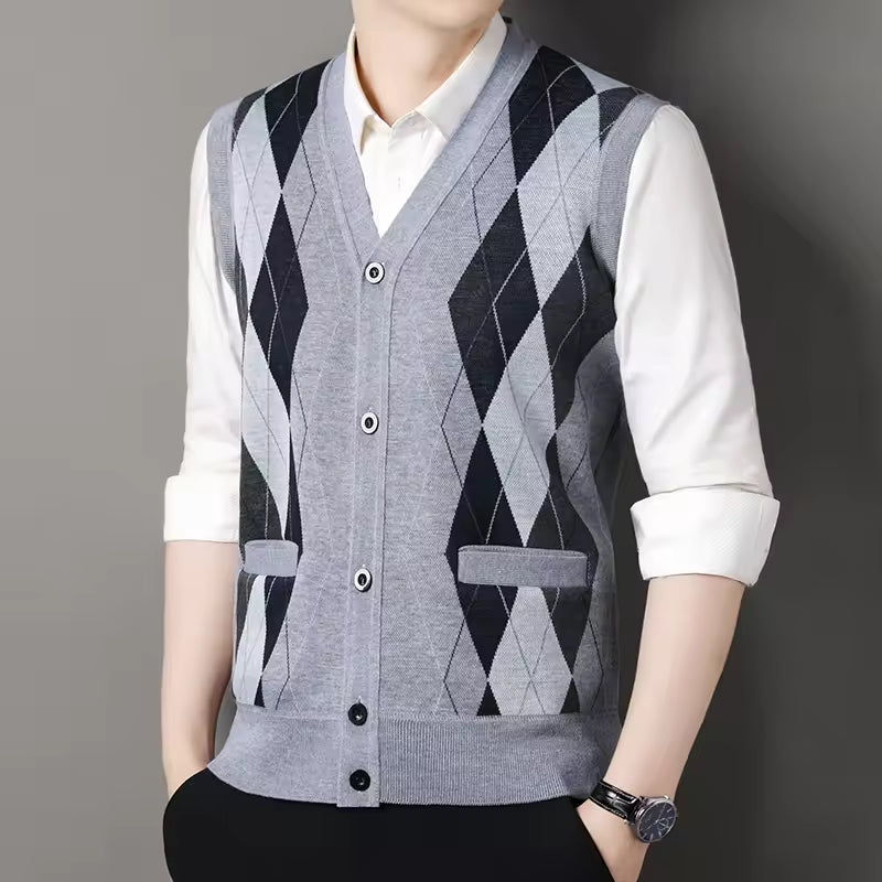 Street-Wave Mens Knitted Vest Slim Fit Wool Blend Checkered V Neck Layering