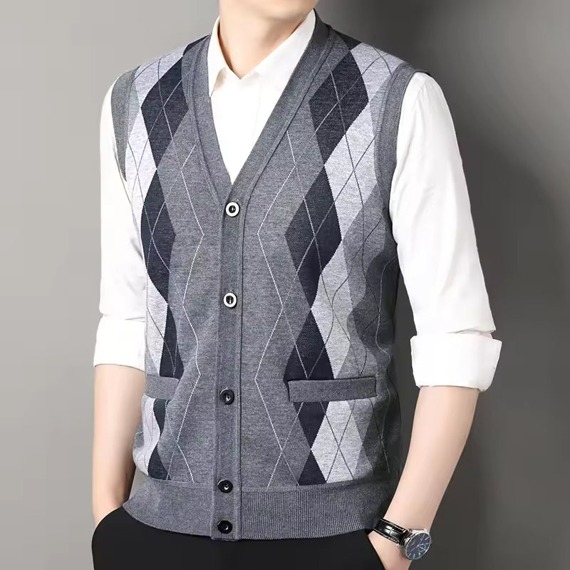 Street-Wave Mens Knitted Vest Slim Fit Wool Blend Checkered V Neck Layering