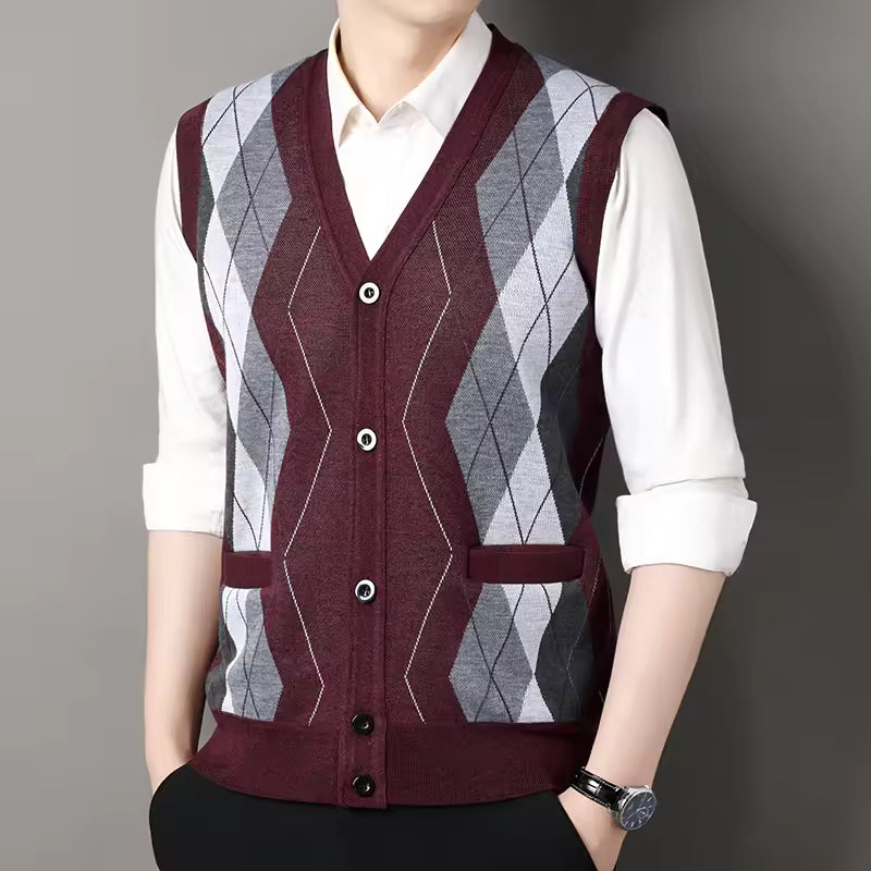 Street-Wave Mens Knitted Vest Slim Fit Wool Blend Checkered V Neck Layering