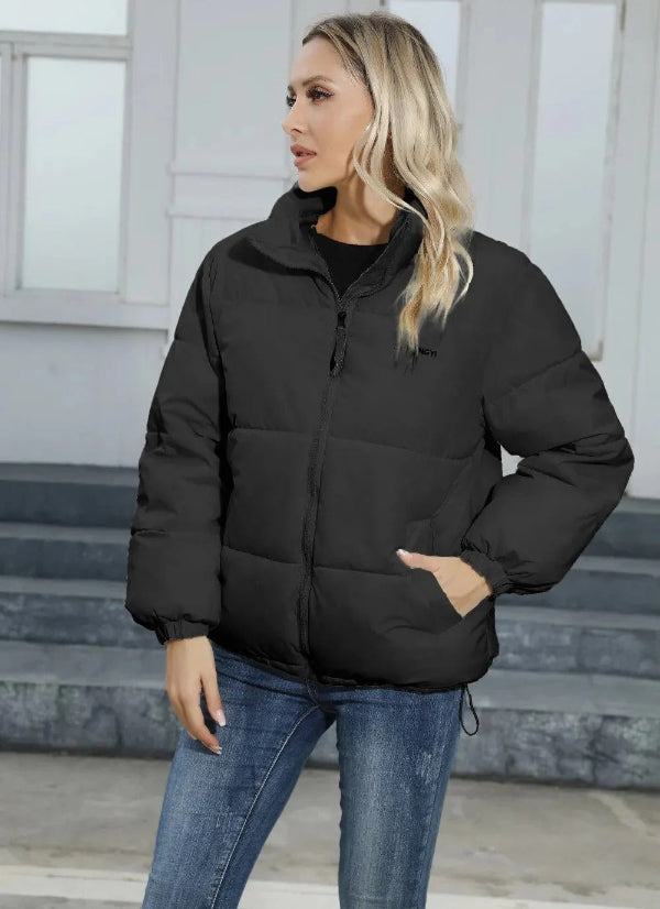 Street-wave Women Puffer Jacket Green Relaxed Fit Zip Front High Collar Hip Length Cozy Warmth For Everyday Wear