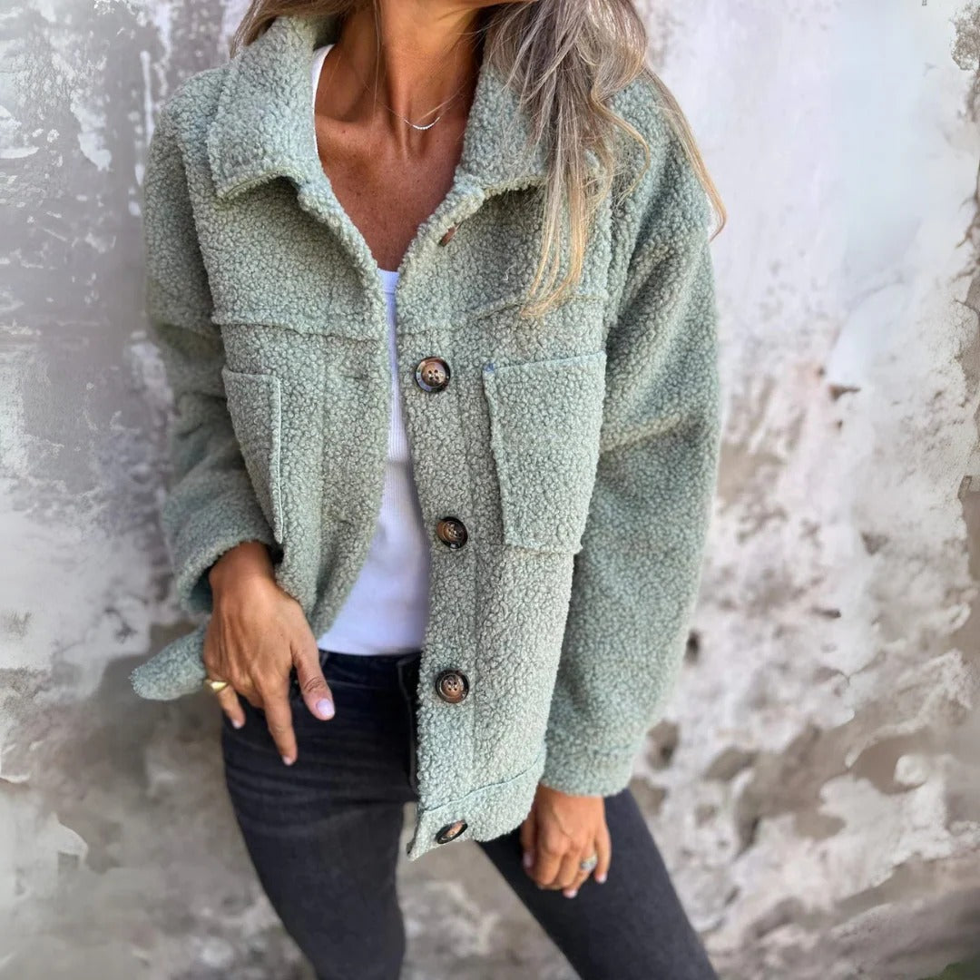 Street-wave Womens Teddy Coat with Wooly Texture, Wide Lapels, Bold Buttons, Patch Pockets