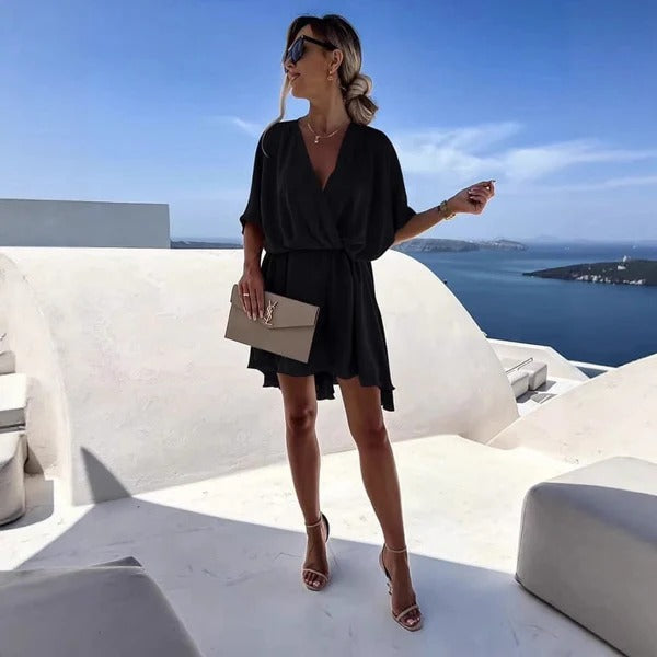 Street Wave Women Wrap Dress V Neck Cinched Flutter Hem
