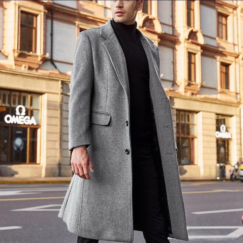 Mens Trench Coat Tailored Fit Wool Blend Long Cut With Wide Lapel And Hidden Buttons Nordisk Flair
