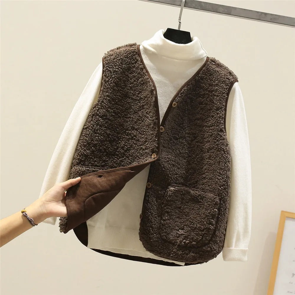 Women’s Puffer Gilet – Sherpa Fleece – Relaxed Fit – Button Front – Hip Length