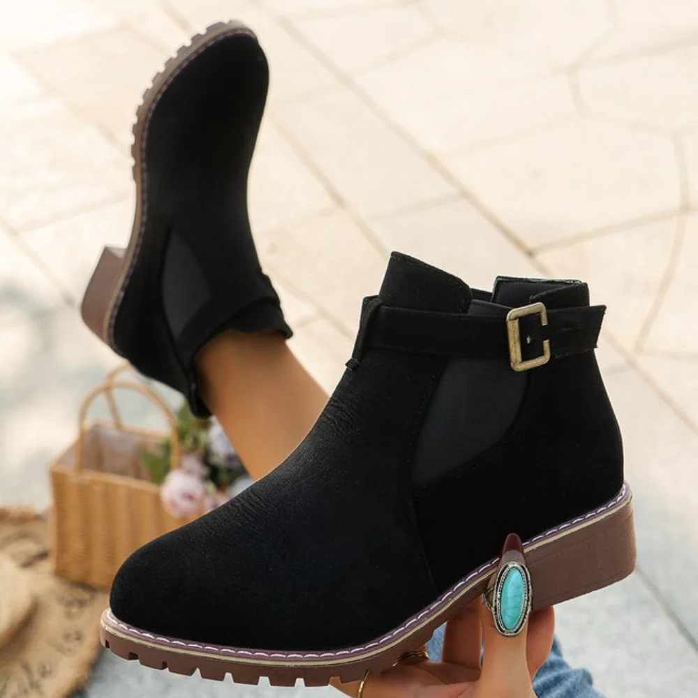 Street-Wave Suede Look Ankle Boots With Buckle Strap Block Heel Slip Resistant Sole Ladies Fashion