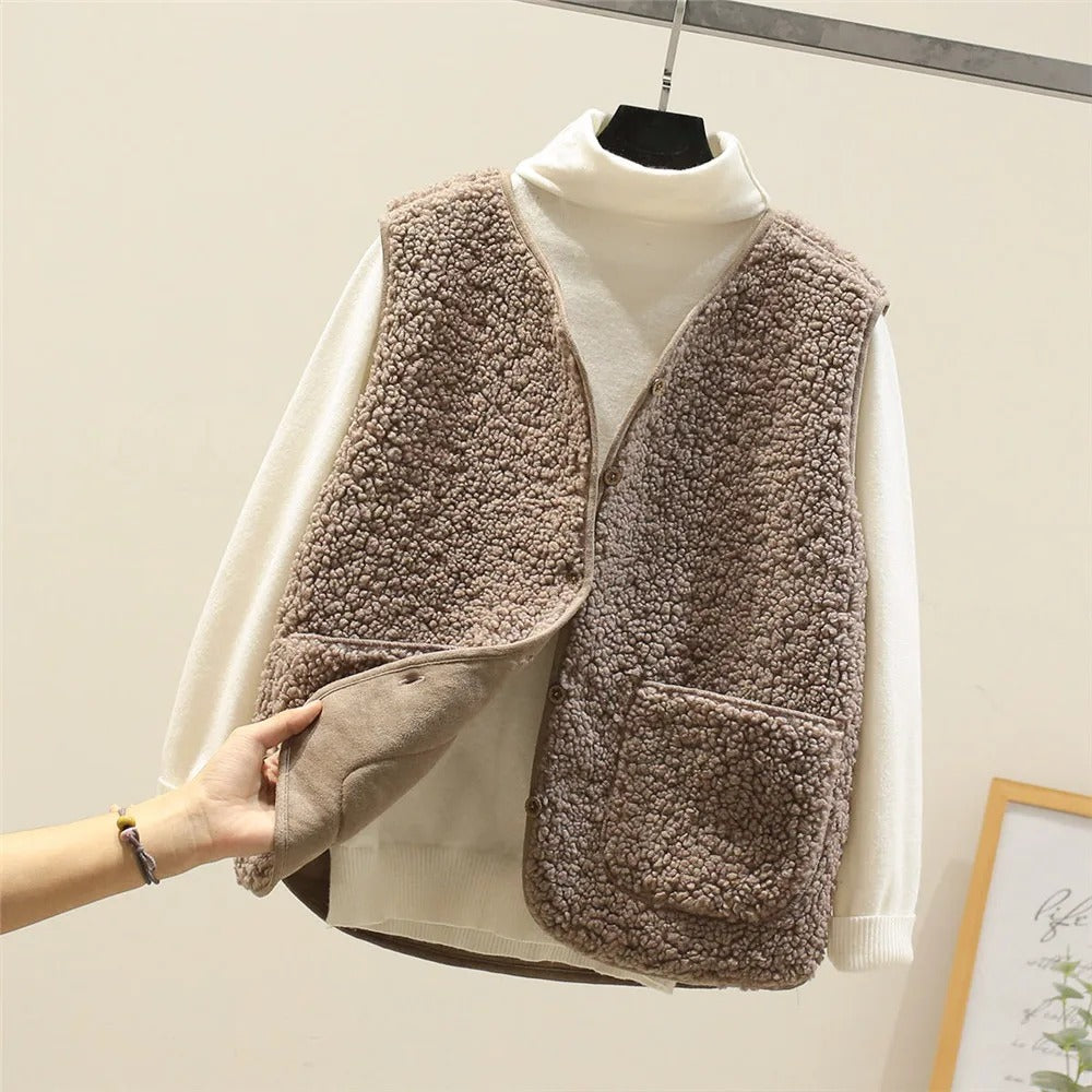 Women’s Puffer Gilet – Sherpa Fleece – Relaxed Fit – Button Front – Hip Length