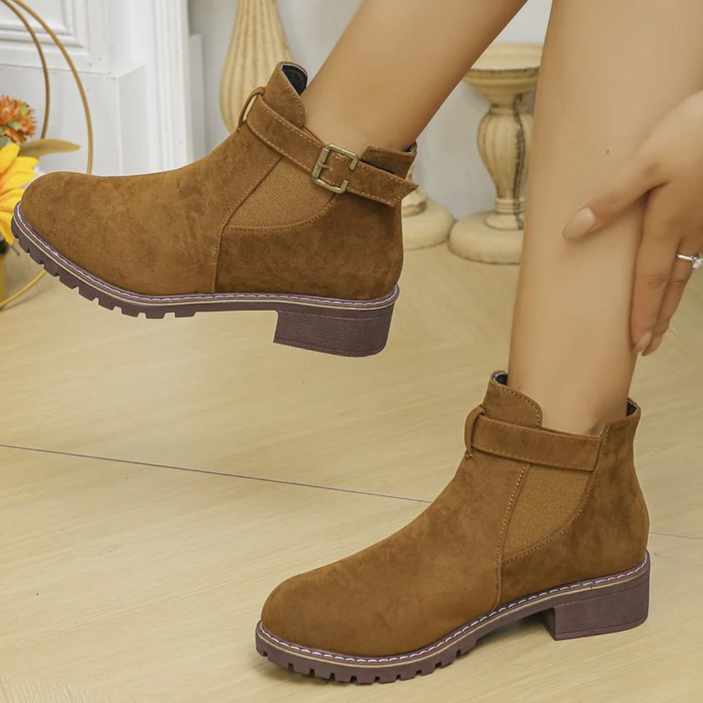 Street-Wave Suede Look Ankle Boots With Buckle Strap Block Heel Slip Resistant Sole Ladies Fashion