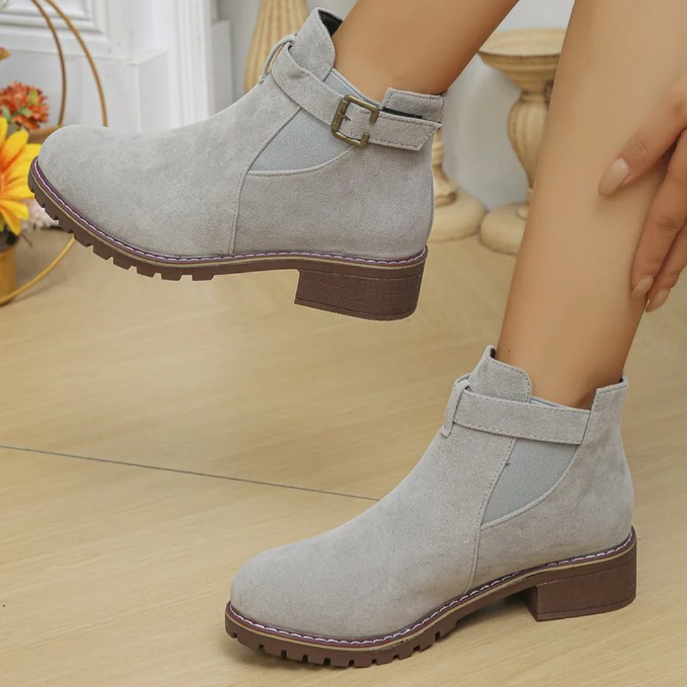 Street-Wave Suede Look Ankle Boots With Buckle Strap Block Heel Slip Resistant Sole Ladies Fashion