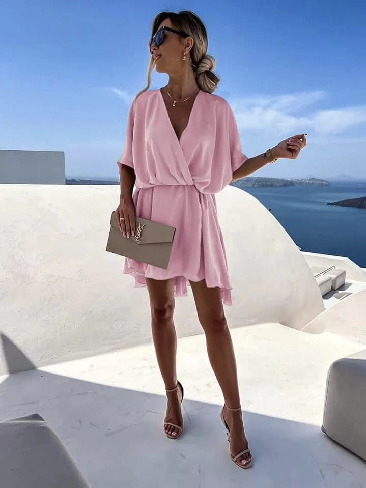 Street Wave Women Wrap Dress V Neck Cinched Flutter Hem