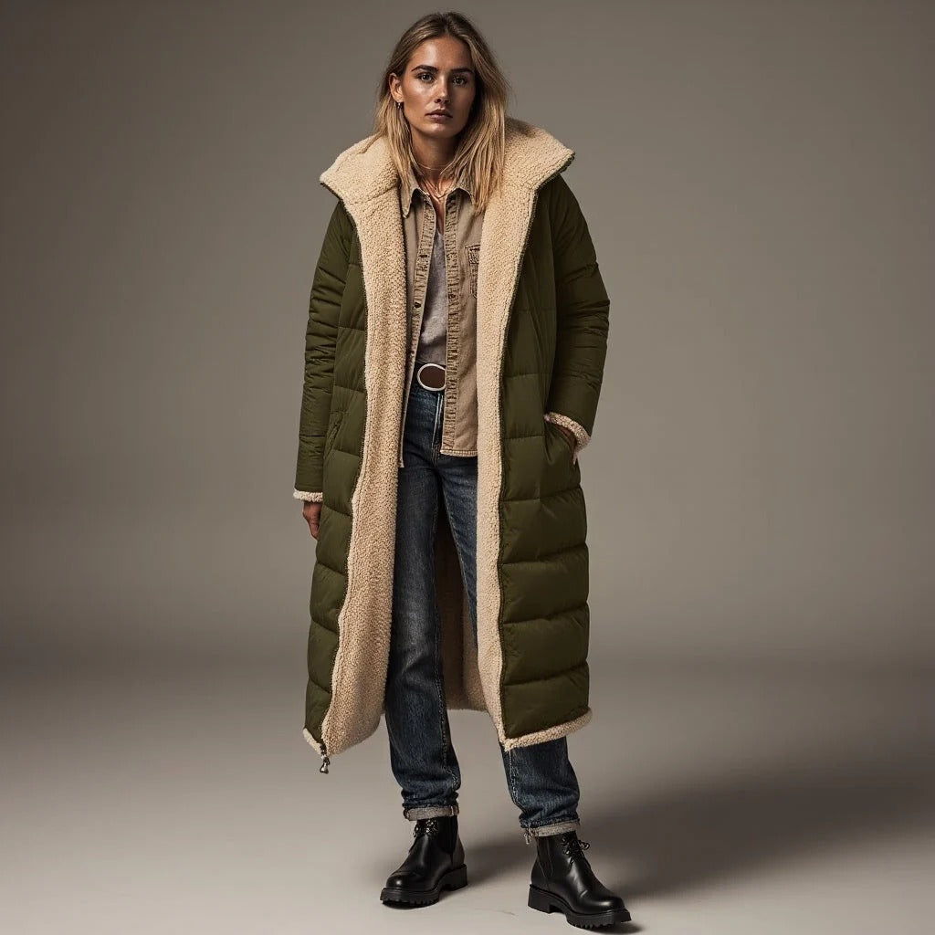 Street-wave Long Padded Coat For Women With Relaxed Fit Fleece Collar Full Coverage Warmth