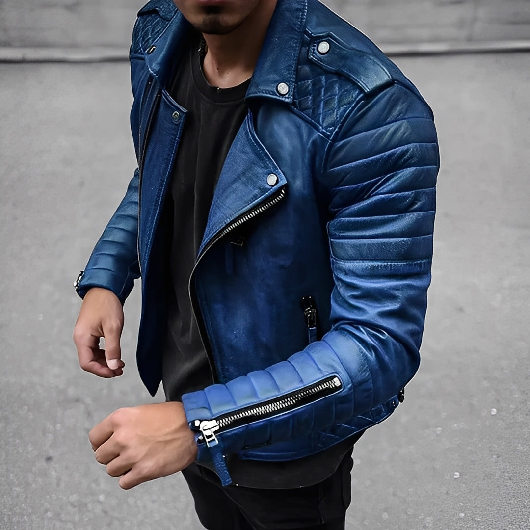 Street Wave Retro Leather Jacket For Men Durable Biker Style With Quilted Shoulders And Zipper Details