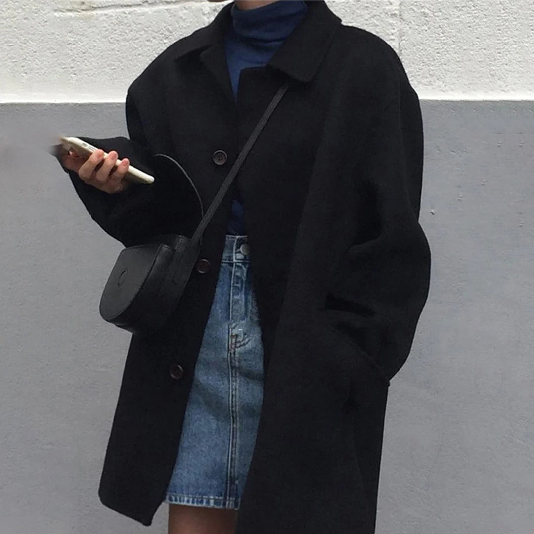 Street-Wave Wool Coat For Women Loose Fit Hip Length With Button Closure And Classic Collar