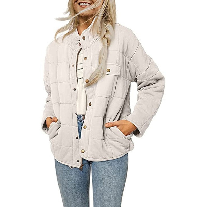 Nordisk-Flair Women Quilted Jacket Loose Fit Stand Collar Midlength Button Front