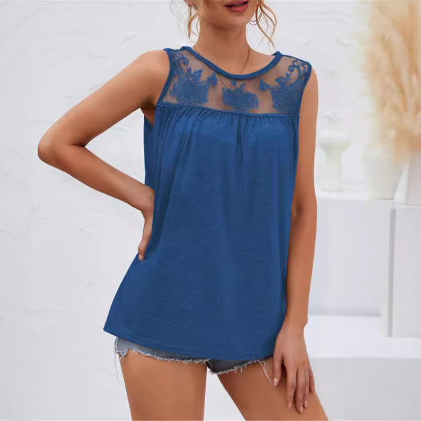 Women’s Sleeveless Top – Lace Yoke – Loose Fit – Soft Cotton – Casual Wear