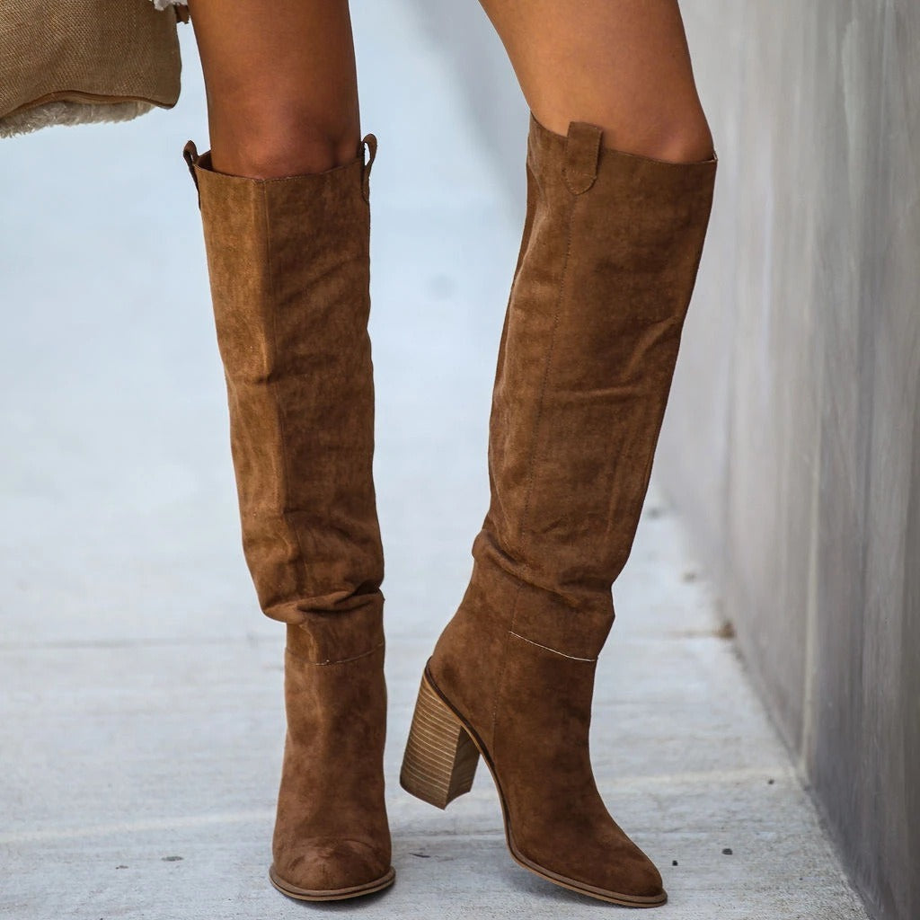 Street Wave Overknee Boots Faux Suede Slim Fit With Block Heel For Stylish Women