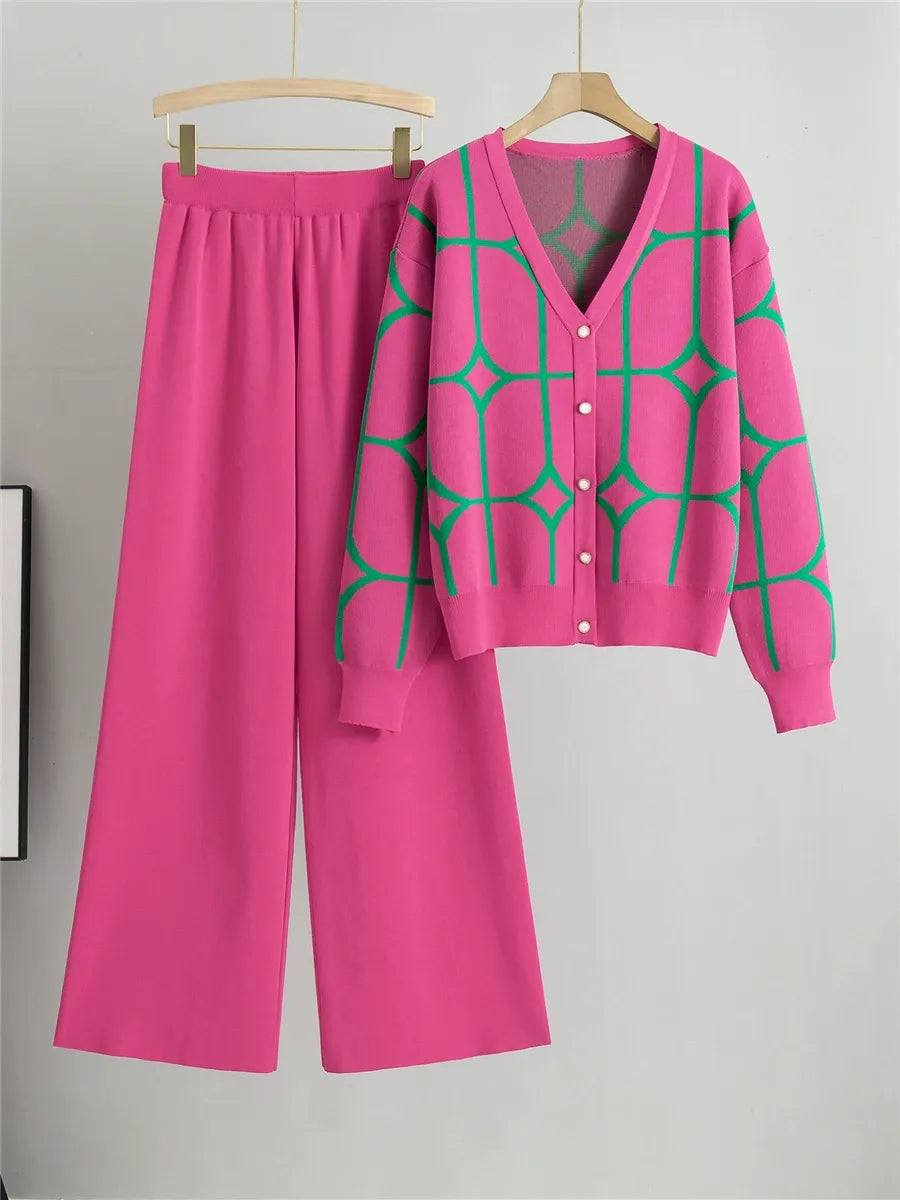 Street-Wave Women's Two-Piece Knitted Cardigan Set Cropped