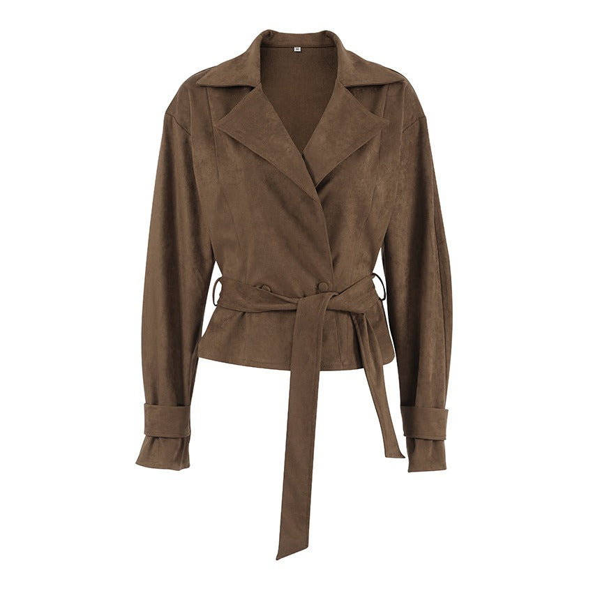 Street-Wave Kiara Vintage Lace-Detail Belted Coat For Women Soft Suede Adjustable Waist