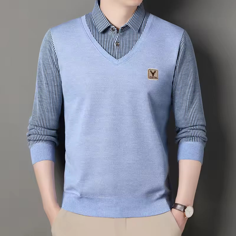 Street Wave Men V Neck Slim Fit Knit Pullover With Faux Layered Plaid Sleeves
