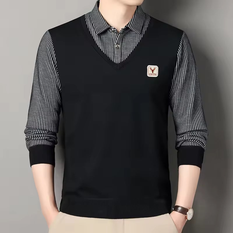 Street Wave Men V Neck Slim Fit Knit Pullover With Faux Layered Plaid Sleeves