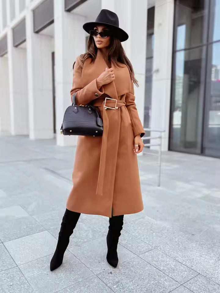 Street-Wave Long Wool Blend Coat With Belt For Women Tailored Fit V-Neck Button Closure