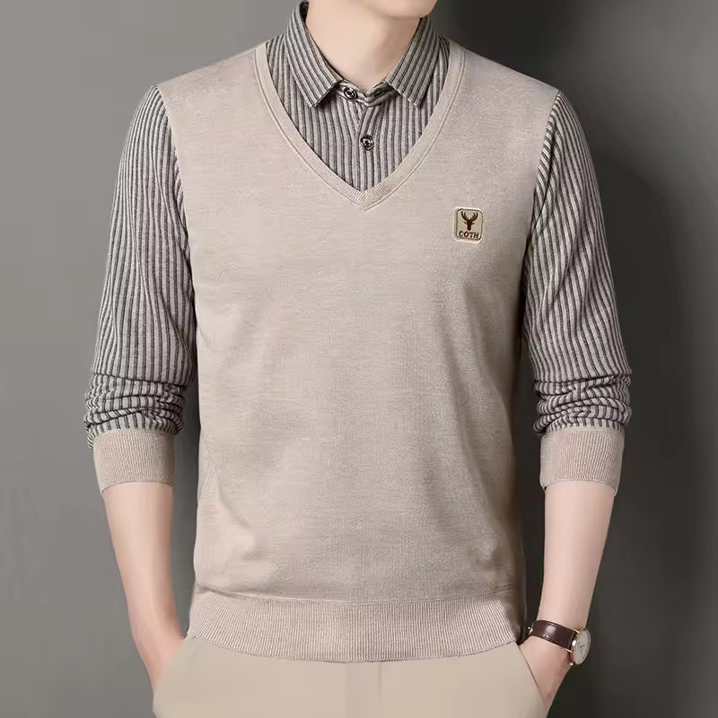 Street Wave Men V Neck Slim Fit Knit Pullover With Faux Layered Plaid Sleeves