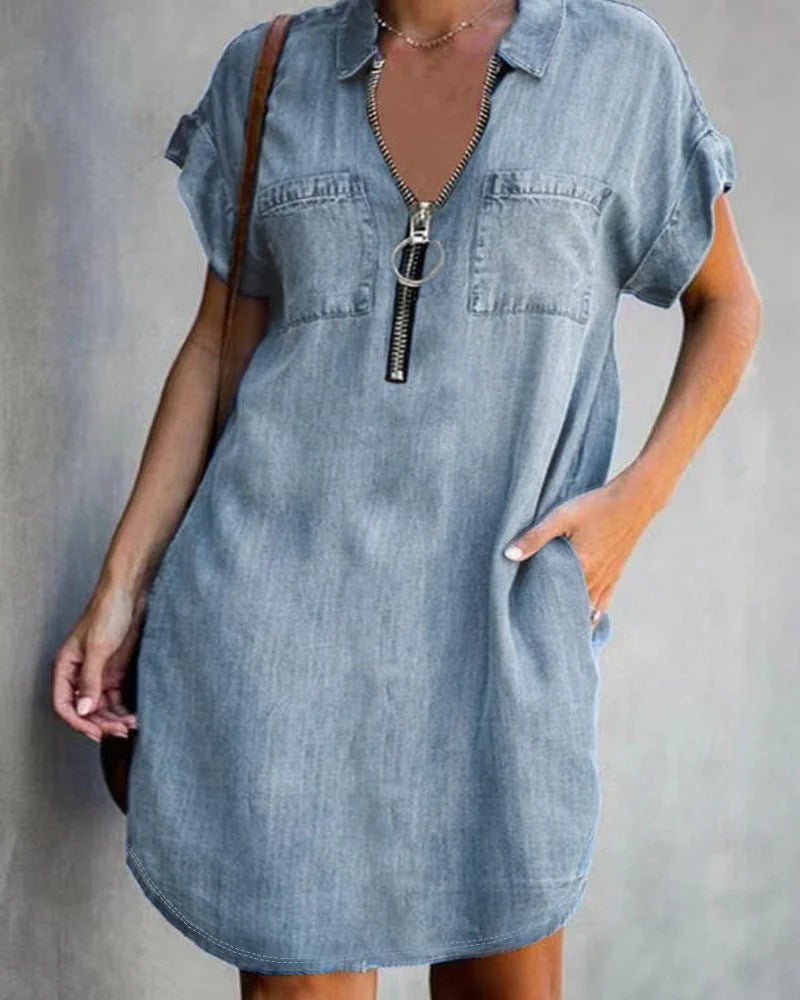 Street-Wave Women Denim Dress Relaxed Fit With Zipper And Pockets
