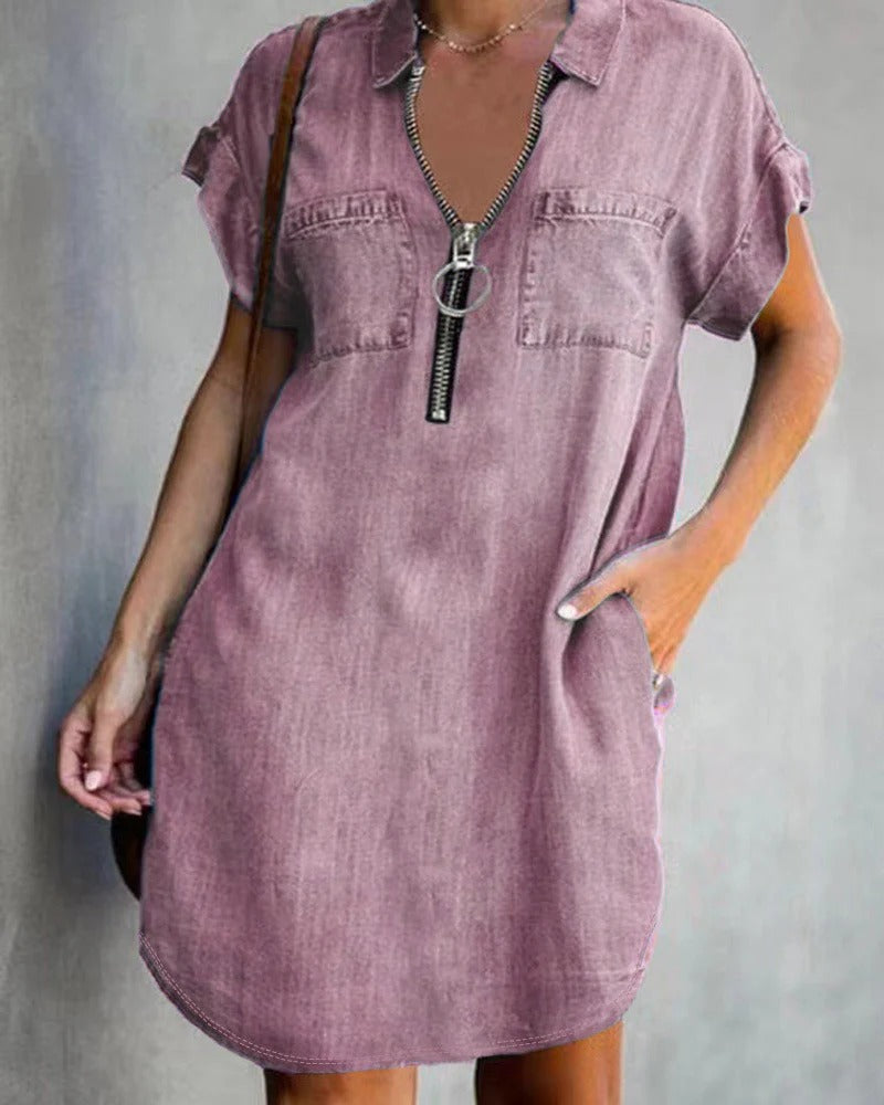 Street-Wave Women Denim Dress Relaxed Fit With Zipper And Pockets