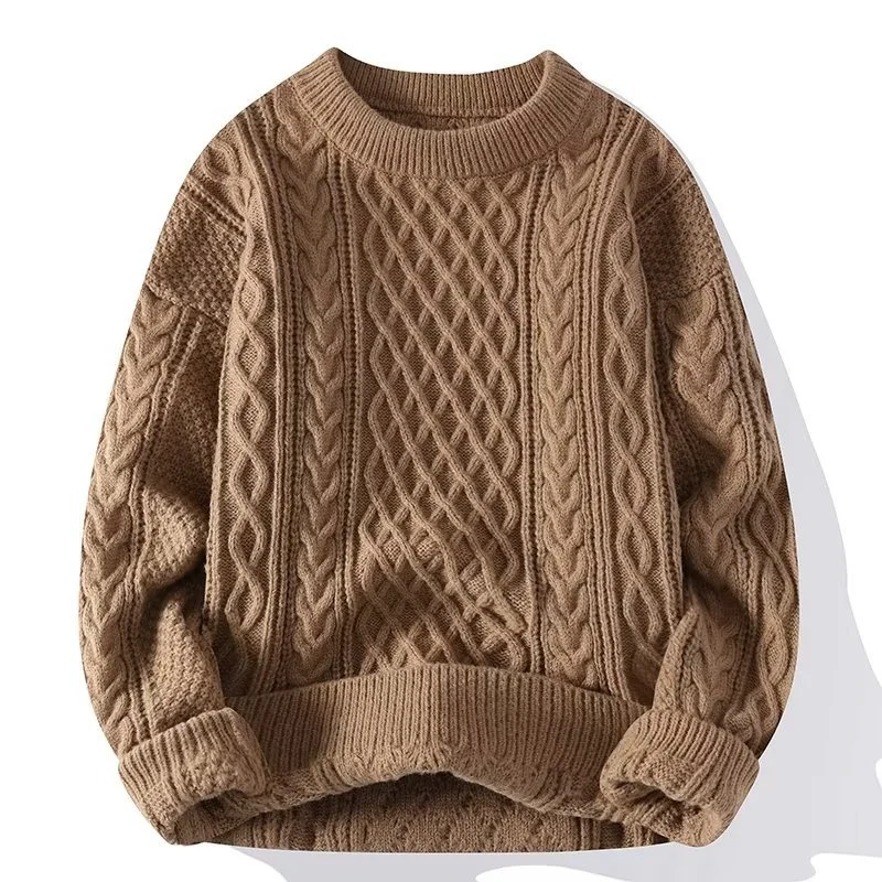 Street Wave Cable Knit Wool Blend Sweater Relaxed Fit Ribbed Crew Neck Cozy Warmth For Unisex Everyday Wear