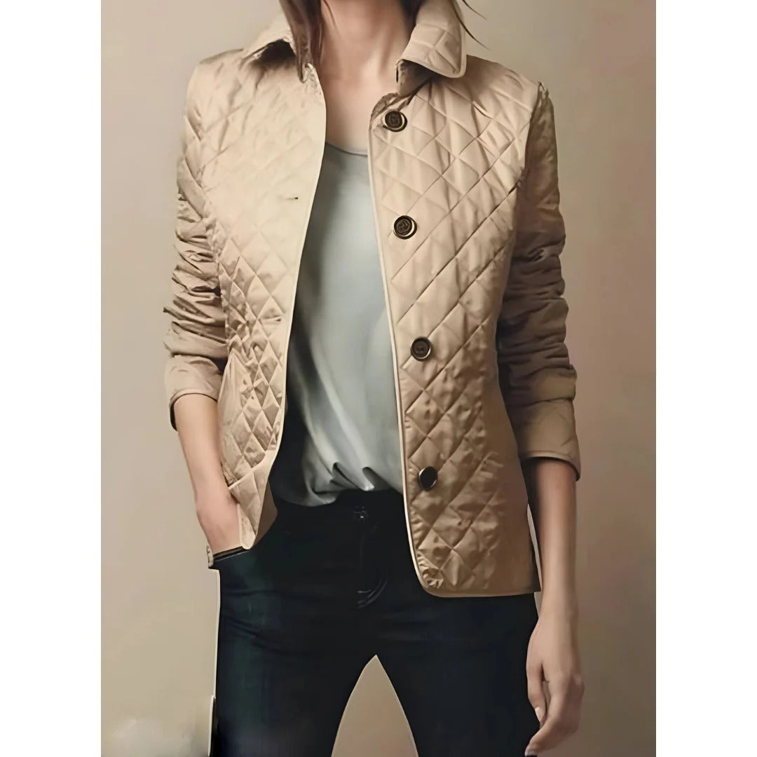 Street-wave Diamond Quilted Jacket With Tailored Fit Hip Length Button Closure For Women