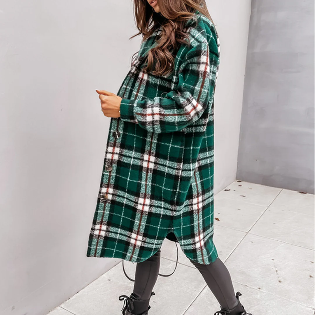 Street-wave Plaid Wool-Blend Long Coat for Women, Relaxed Fit, Button-Front, Chic Outerwear
