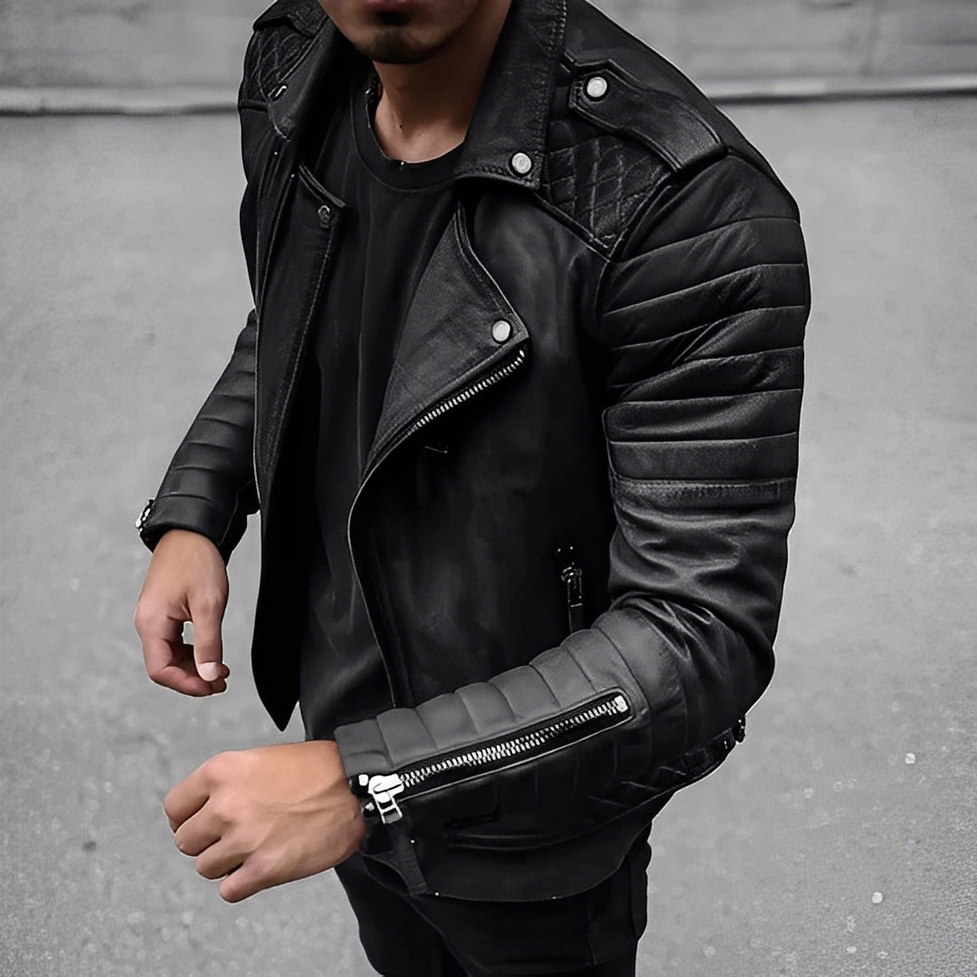 Street Wave Retro Leather Jacket For Men Durable Biker Style With Quilted Shoulders And Zipper Details